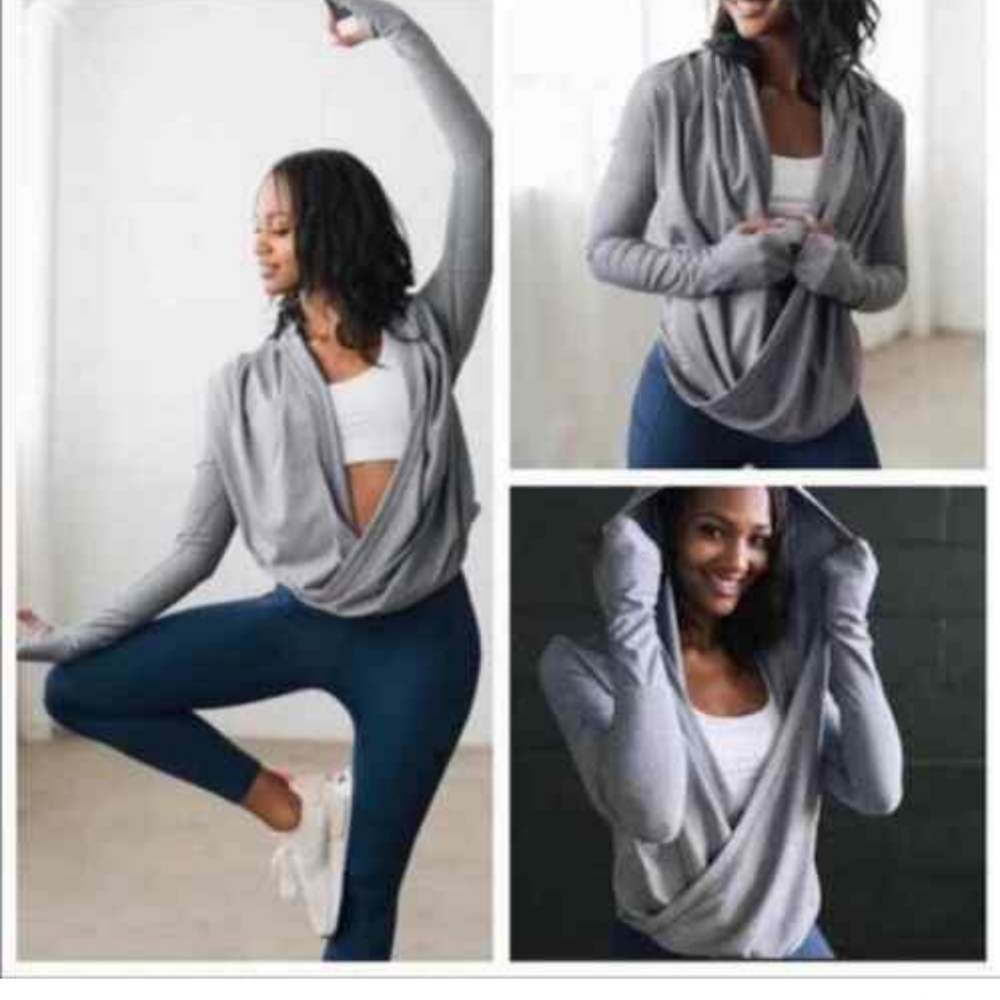 ZYIA Active Haze Yoga Shawl Wrap Hooded Top Pullover Grey White XL Women Top